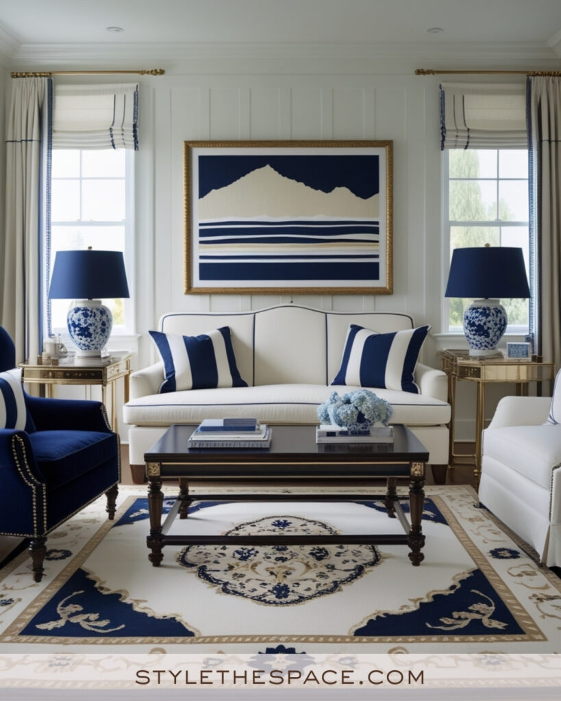 Ivory Living Room with Navy Blue Accents