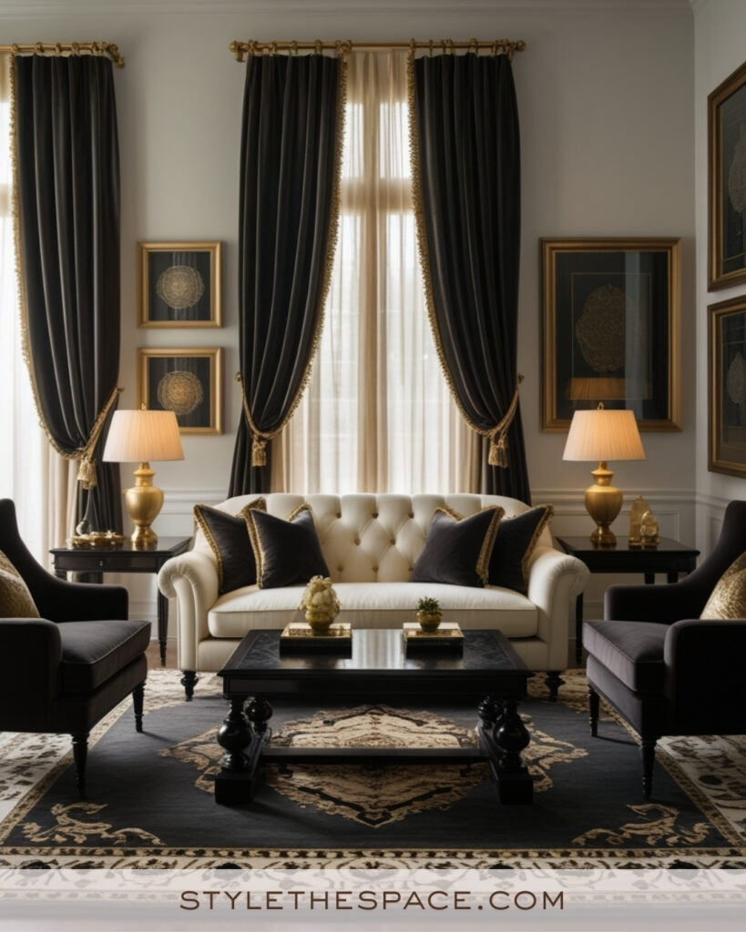 Elegant Ivory Living Room with Black and Gold Accents