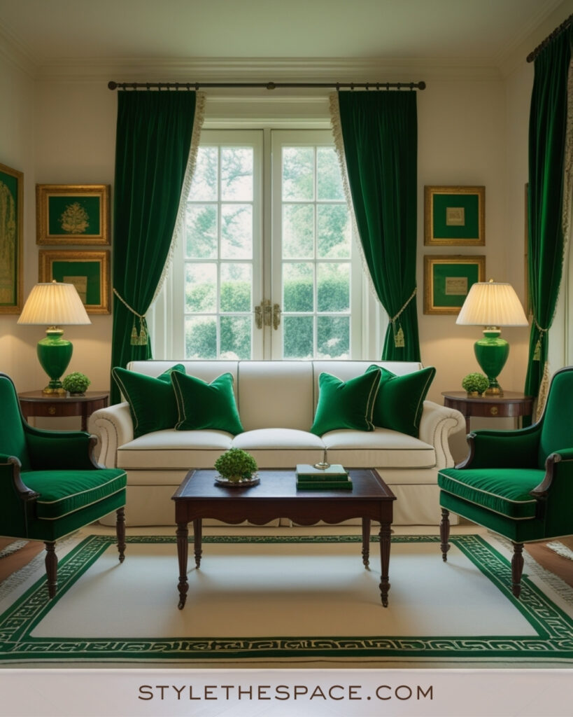 Ivory Living Room with Emerald Green Accents