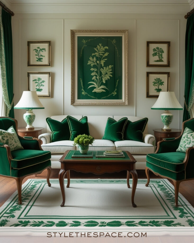 Ivory Living Room with Emerald Green Accents