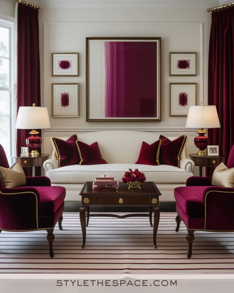 Ivory Living Room with Deep Berry Accents