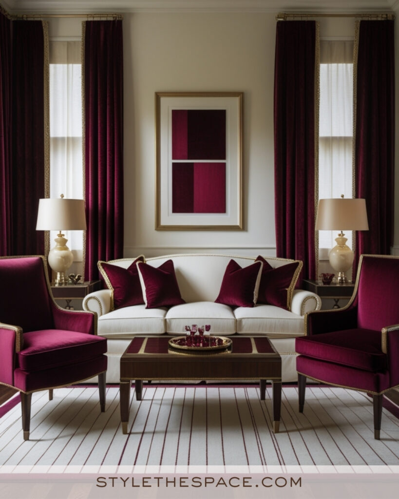 Ivory Living Room with Deep Berry Accents