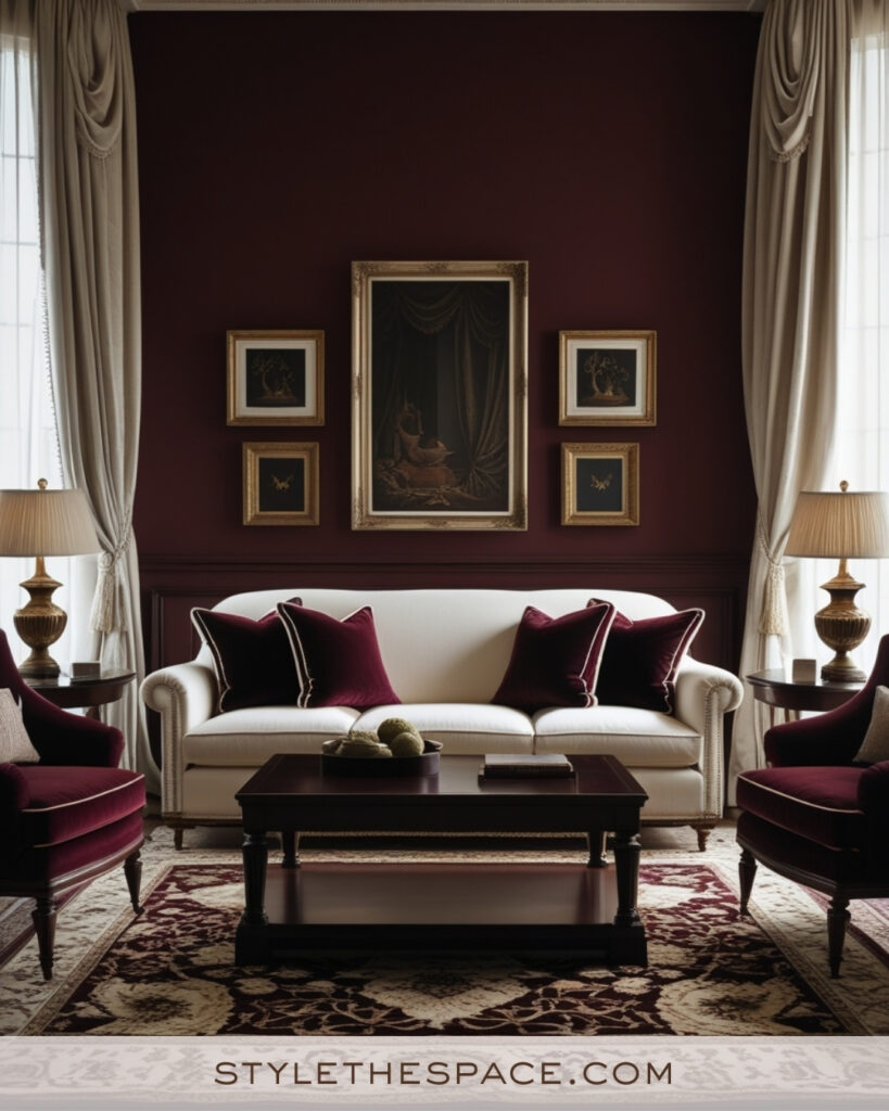 Ivory Living Room with Deep Wine Red Accents