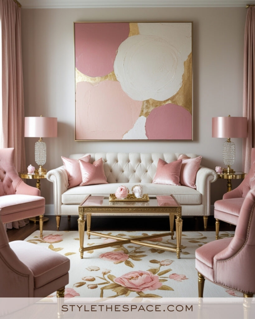 Ivory Living Room with Blush Pink and Gold Accents