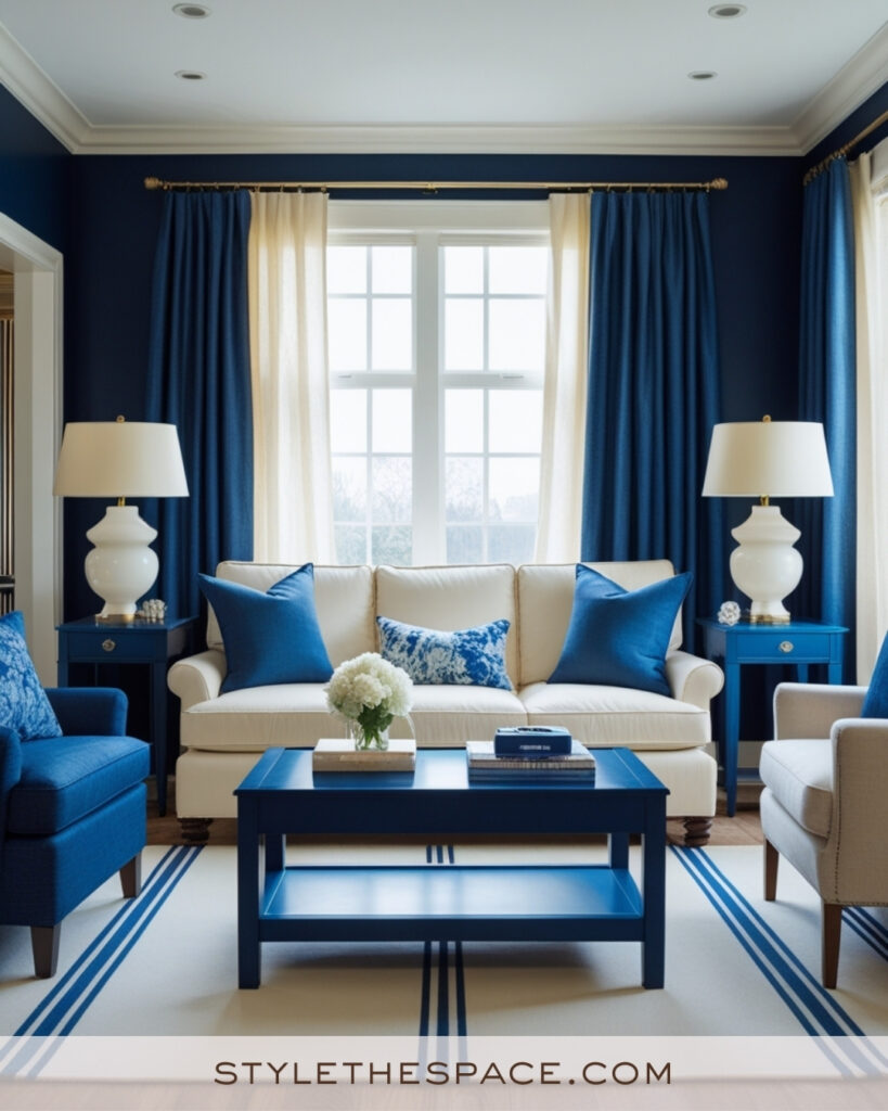 Ivory Living Room with Bold Navy Blue Accents