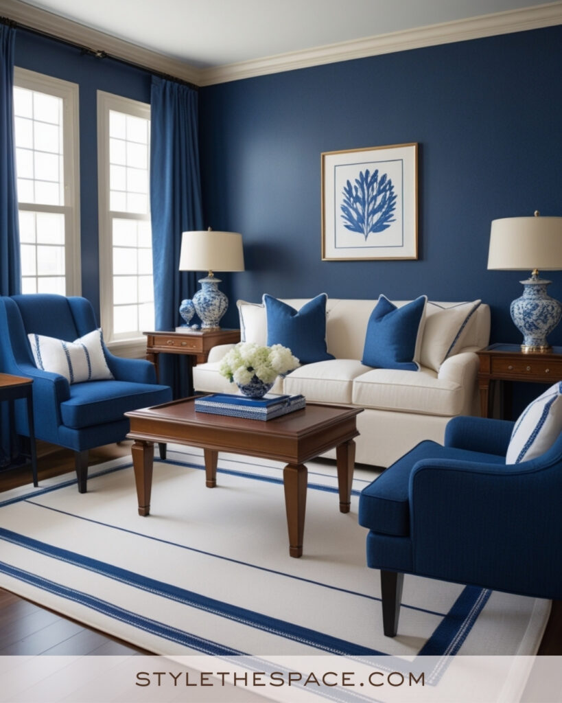 Ivory Living Room with Bold Navy Blue Accents