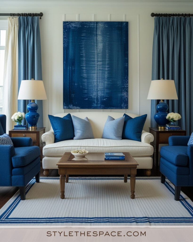 Ivory Living Room with Bold Navy Blue Accents