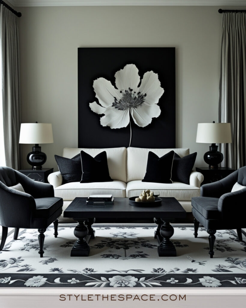 Ivory Living Room with Black and Charcoal Contrast