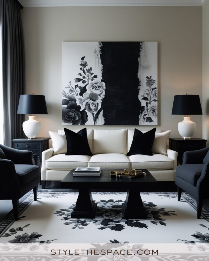 Ivory Living Room with Black and Charcoal Contrast