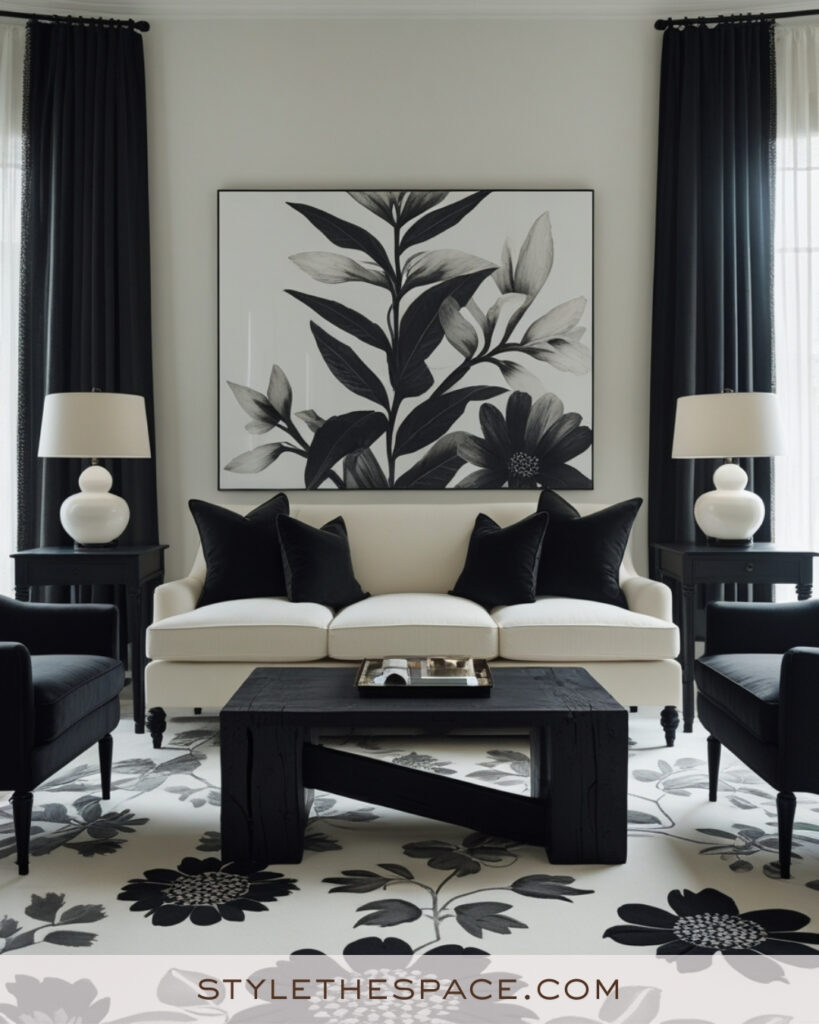 Ivory Living Room with Black and Charcoal Contrast