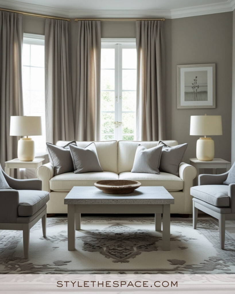 Ivory Living Room with Soft Gray and Taupe Layers