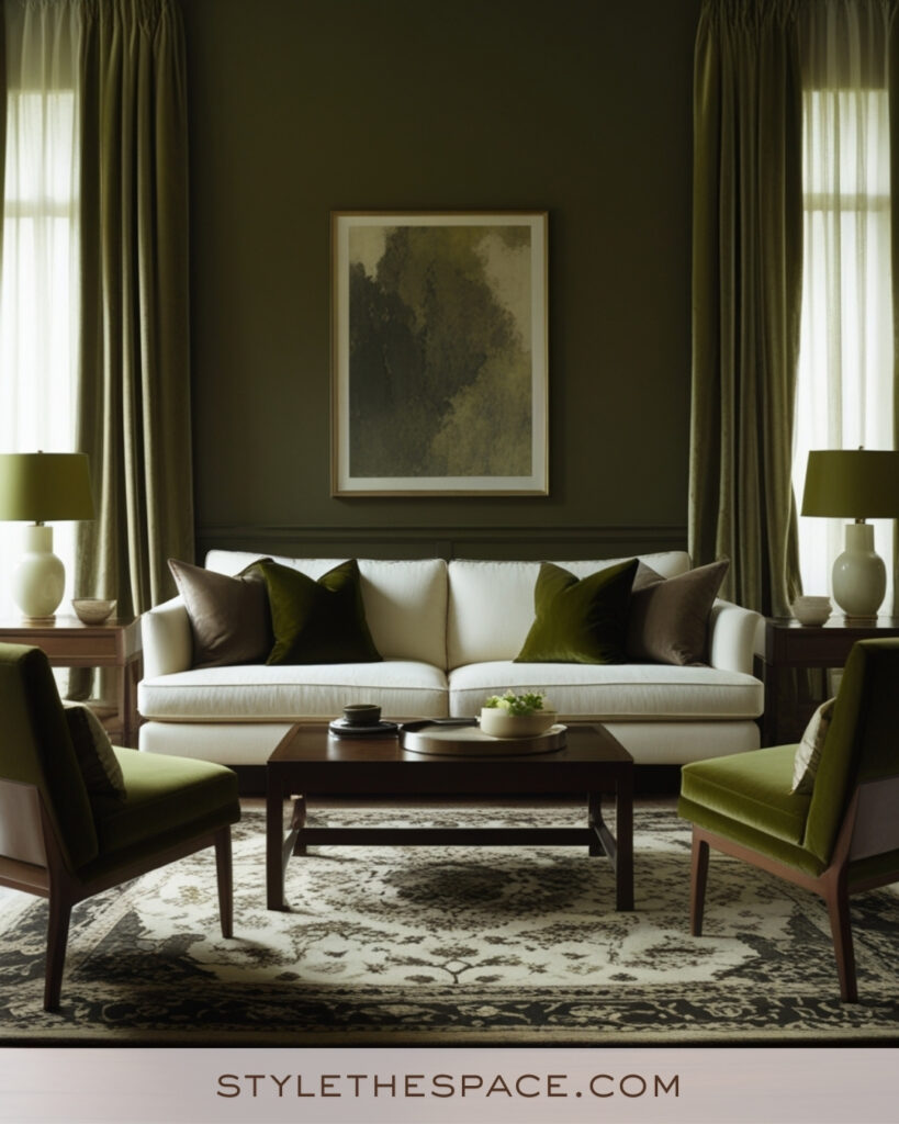 Ivory Living Room with Olive Green Accents
