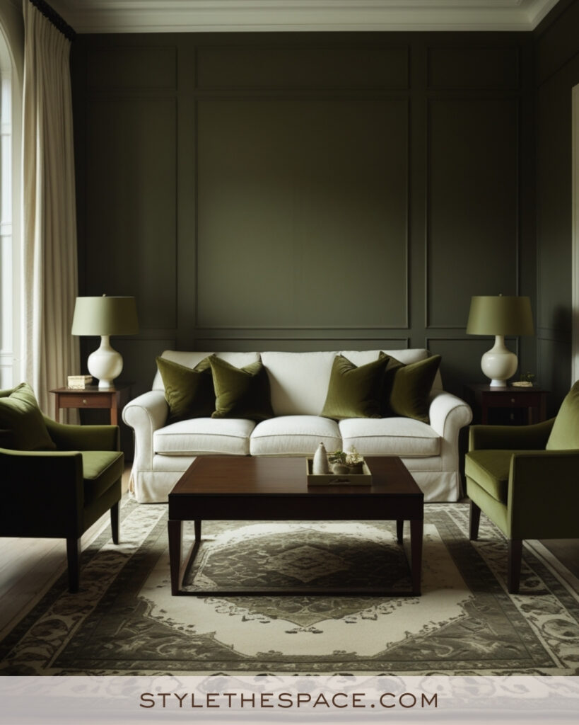 Ivory Living Room with Olive Green Accents