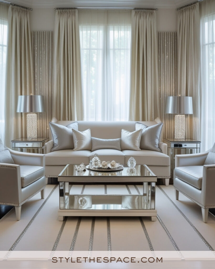 Ivory Living Room with Silver and Mirrored Accents