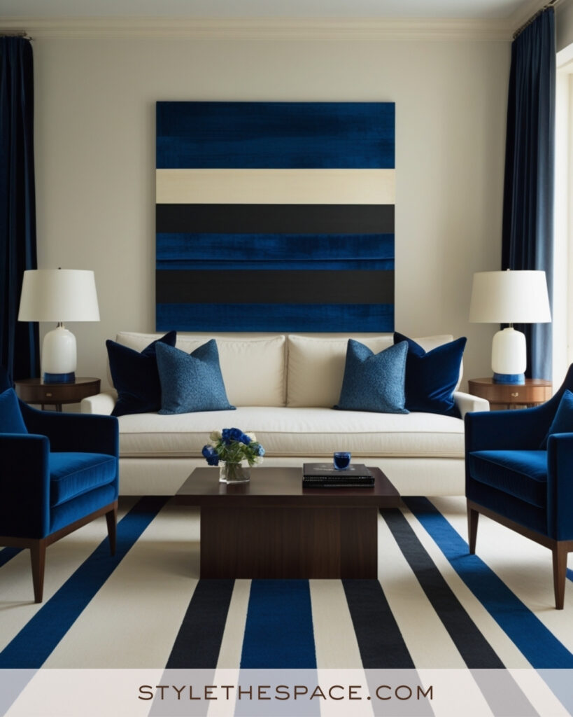 Ivory Living Room with Navy and Cobalt Blue Accents