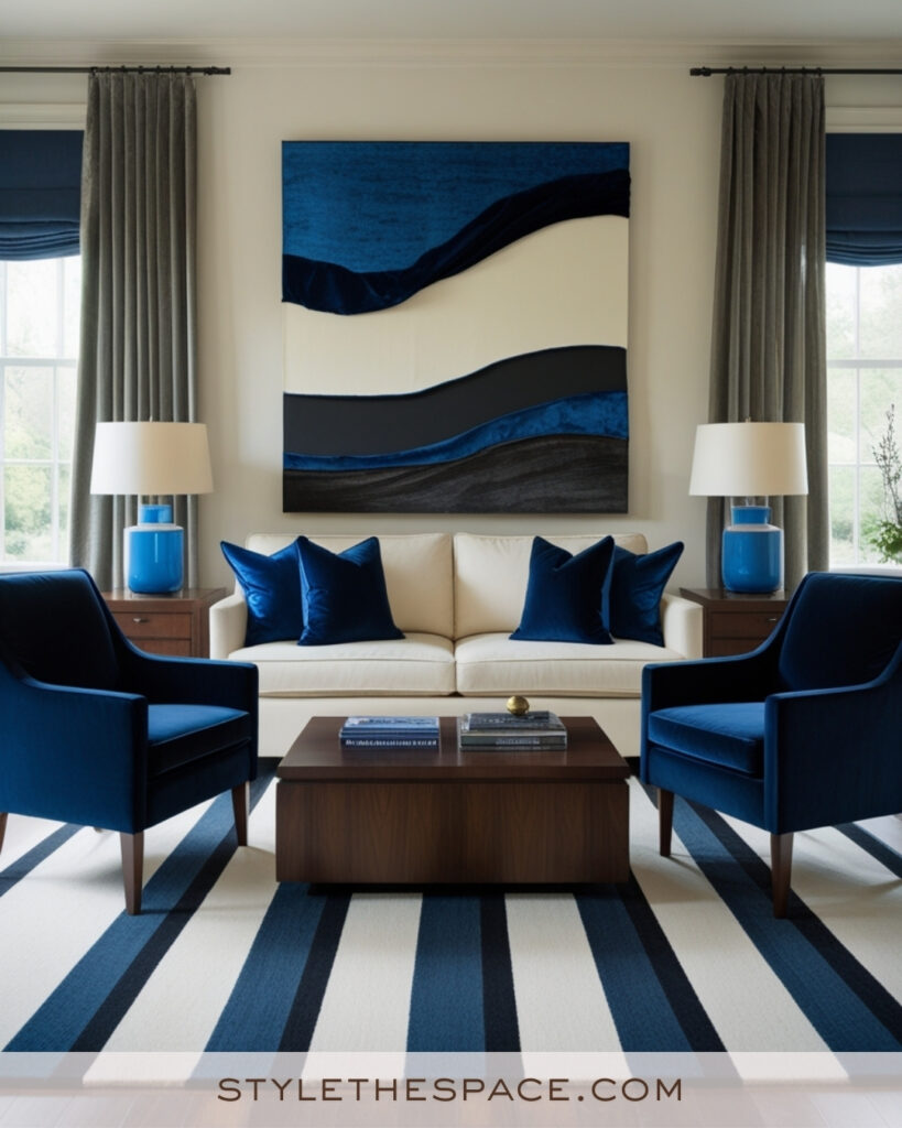 Ivory Living Room with Navy and Cobalt Blue Accents