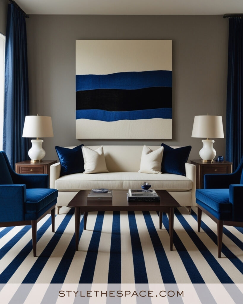 Ivory Living Room with Navy and Cobalt Blue Accents