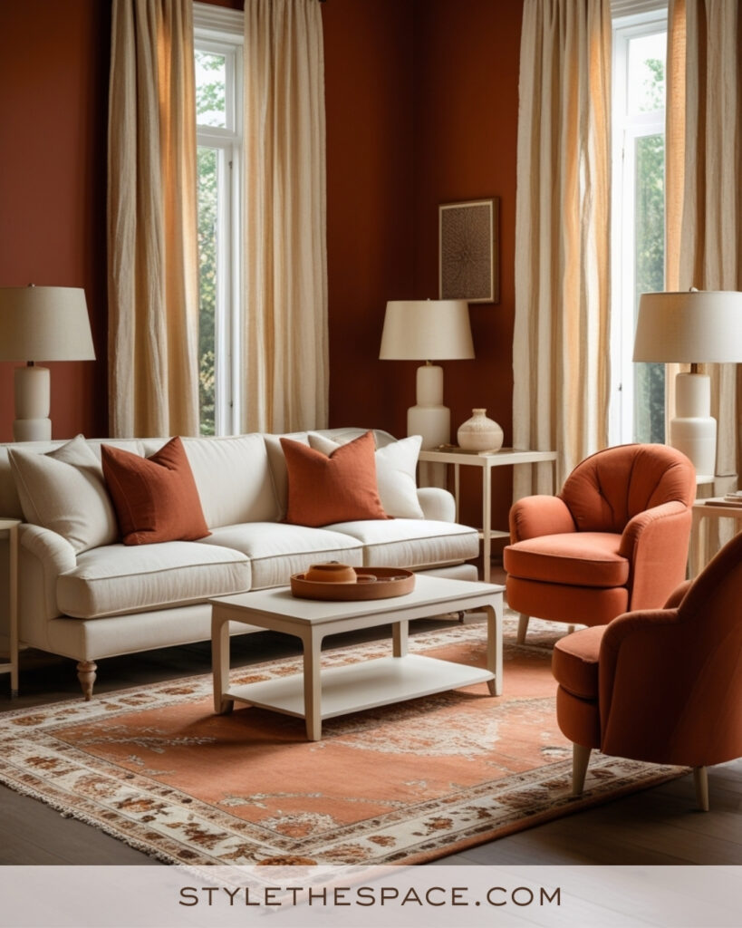 Ivory Living Room with Burnt Orange and Warm Neutrals