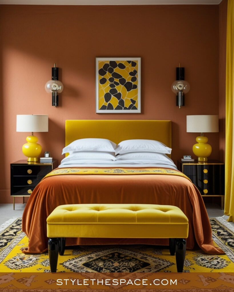 Terracotta and Mustard Bedroom with Bold Modern Flair
