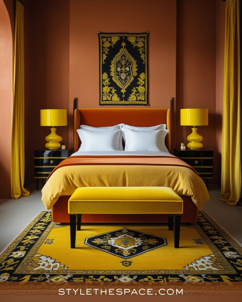Terracotta and Mustard Bedroom with Bold Modern Flair