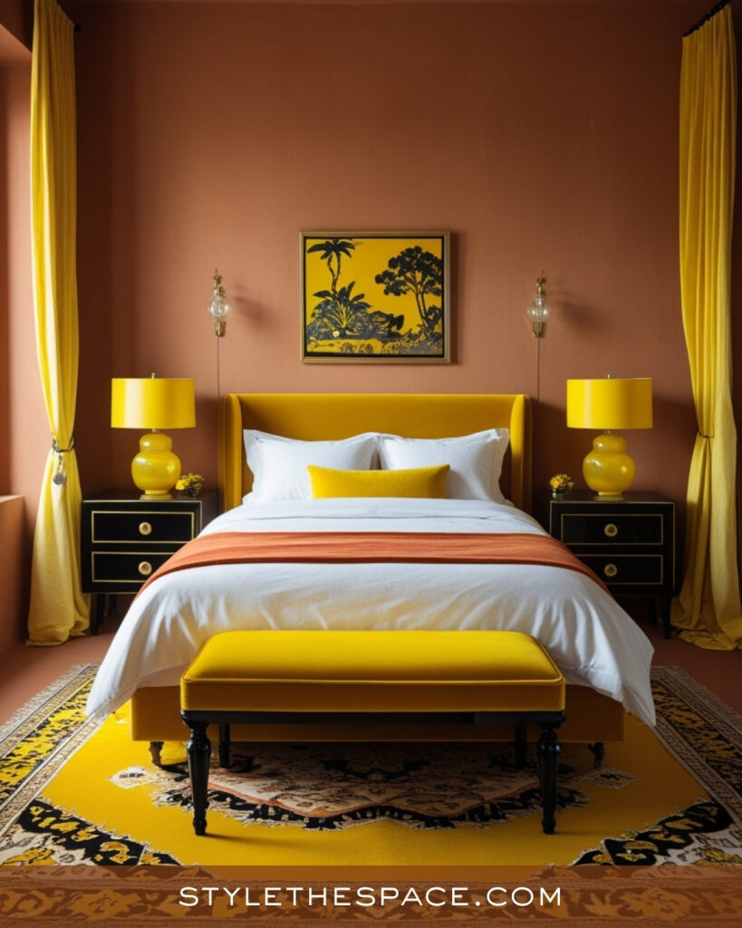 Terracotta and Mustard Bedroom with Bold Modern Flair