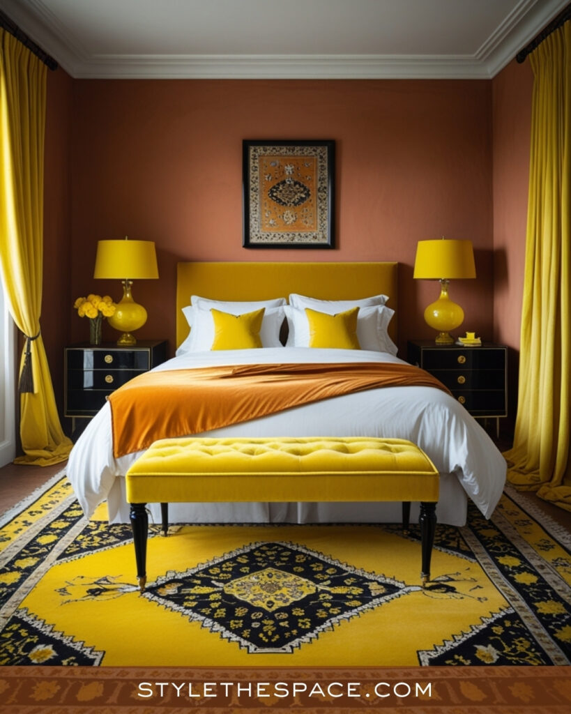 Terracotta and Mustard Bedroom with Bold Modern Flair