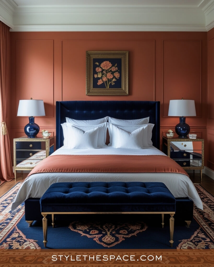 Classic Terracotta and Navy Bedroom with Refined Contrast