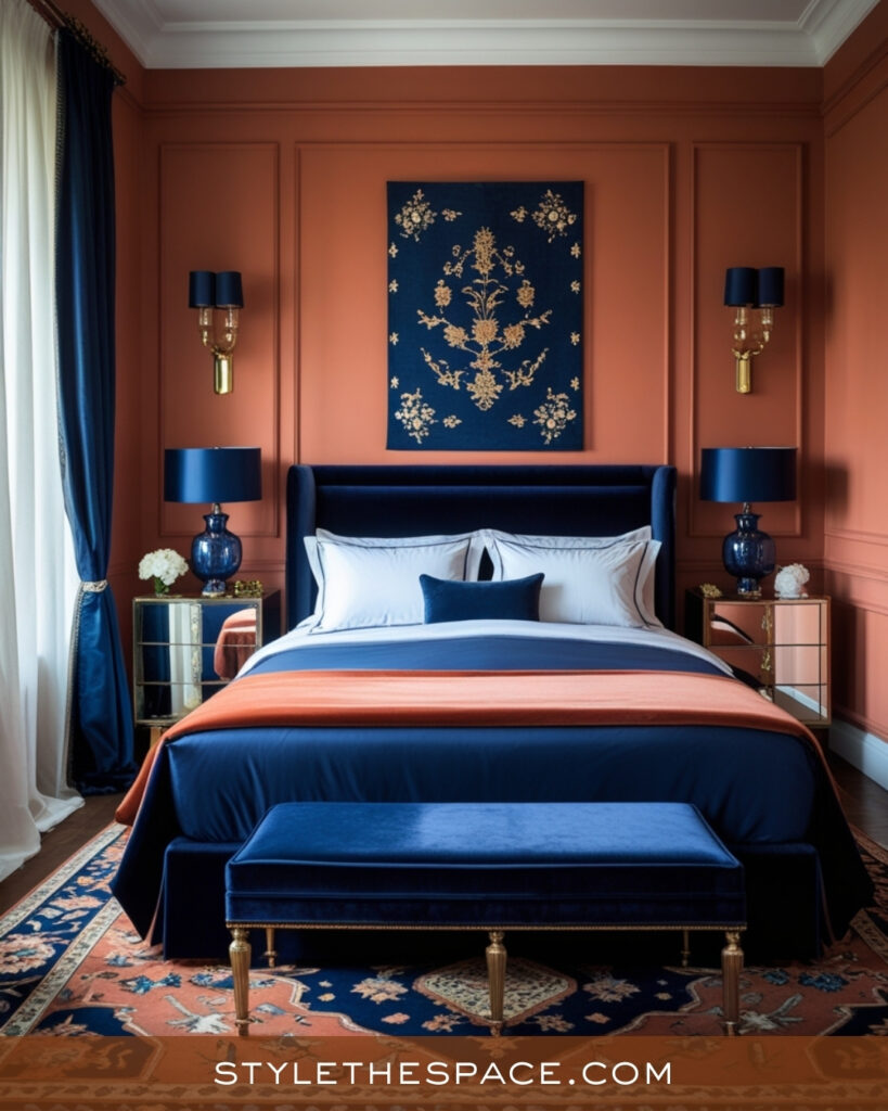 Classic Terracotta and Navy Bedroom with Refined Contrast