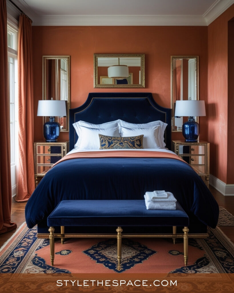 Classic Terracotta and Navy Bedroom with Refined Contrast