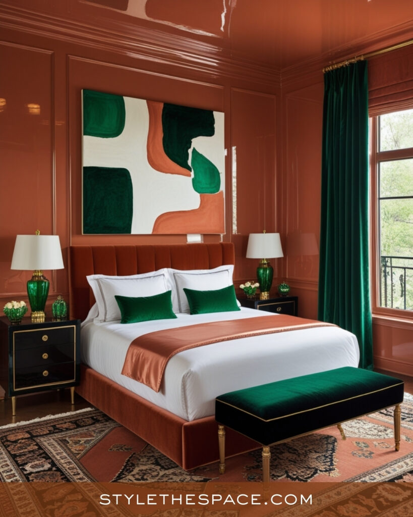 Terracotta and Emerald Green Bedroom with Luxe Modern Style
