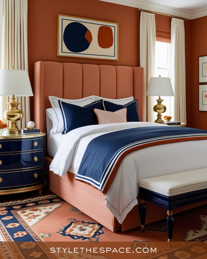 Warm Terracotta and Navy Bedroom with Classic Elegance