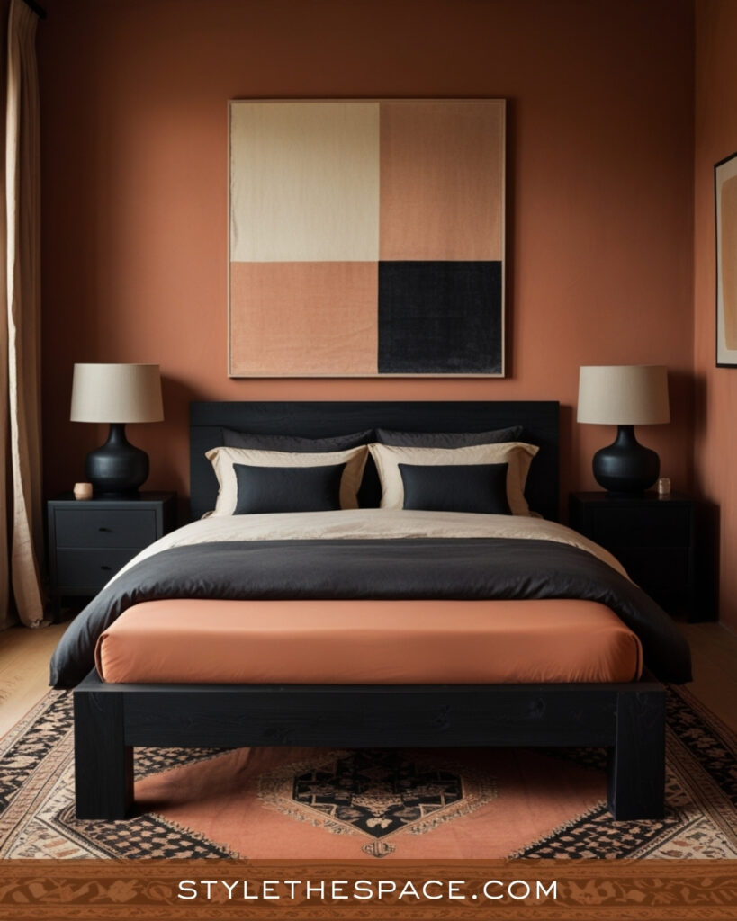 Modern Terracotta Bedroom with Black and Neutral Layers