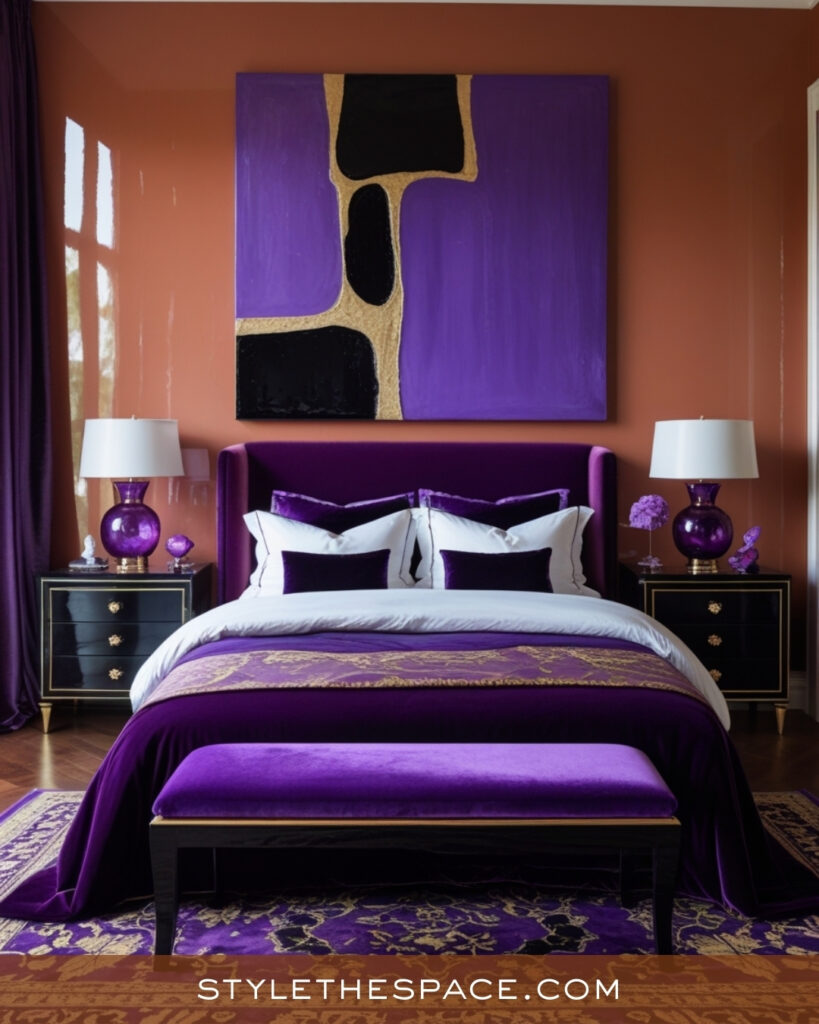 Terracotta and Purple Bedroom with Dramatic Luxe Style