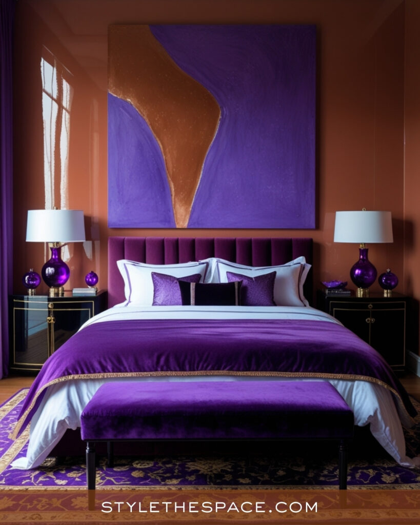 Terracotta and Purple Bedroom with Dramatic Luxe Style