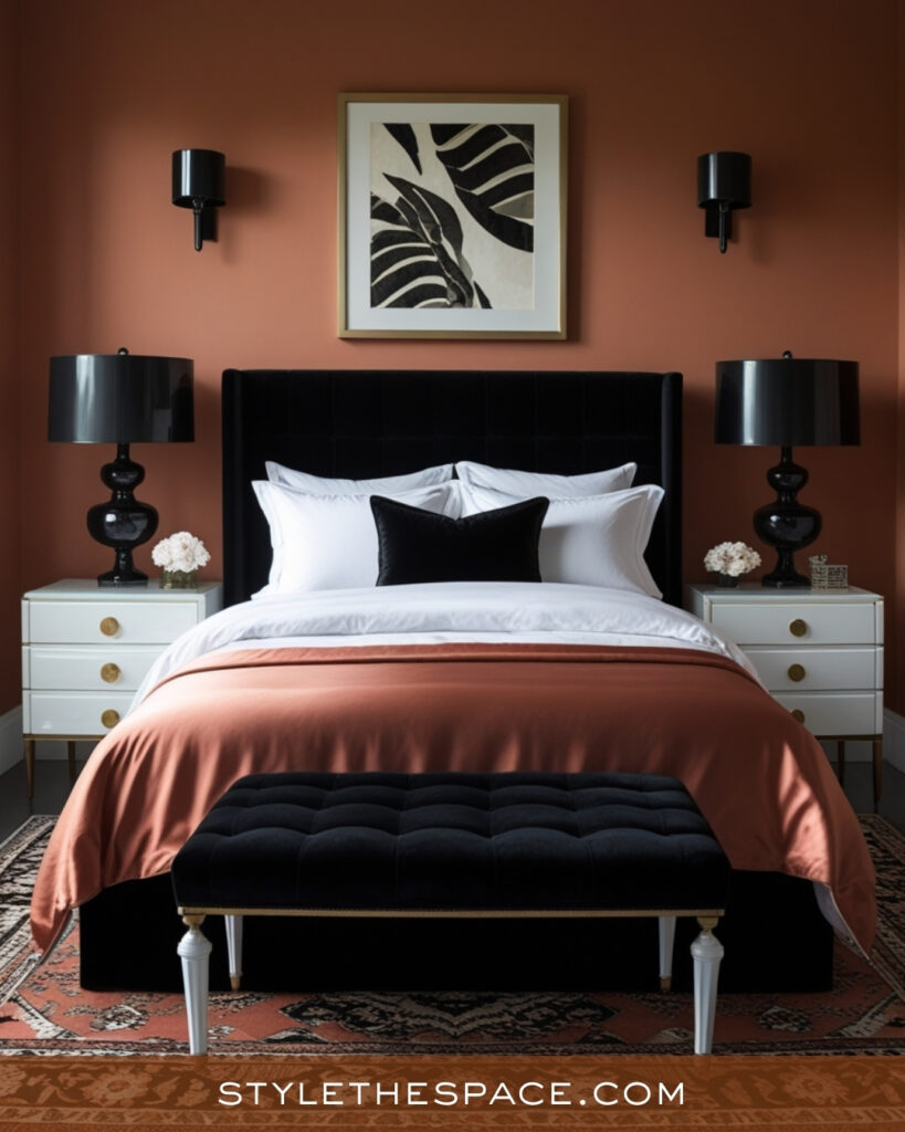 Terracotta and Black Bedroom with Modern Contrast