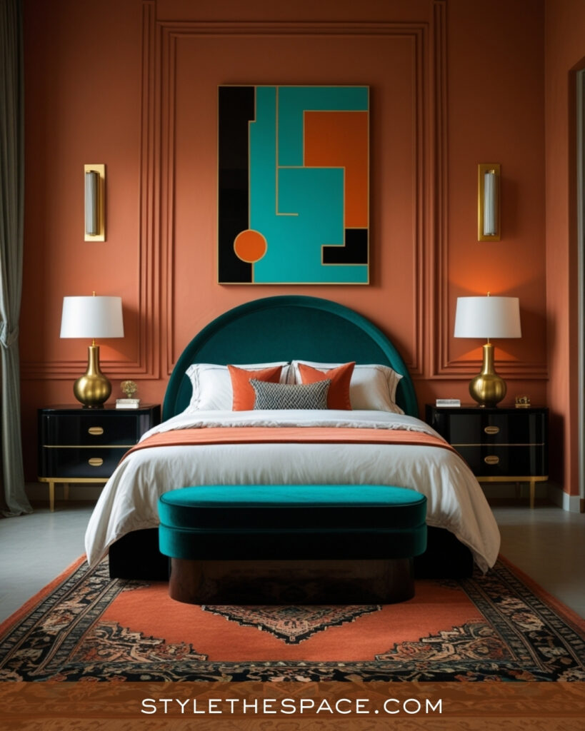  Terracotta and Teal Bedroom with Art Deco Influence