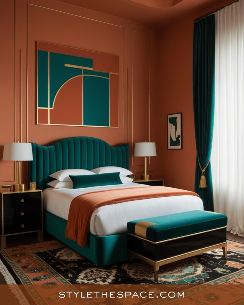  Terracotta and Teal Bedroom with Art Deco Influence