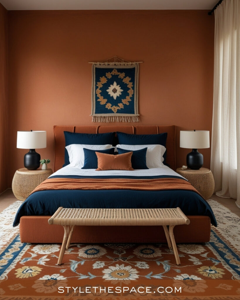 Terracotta and Navy Bedroom with Cozy Boho Style