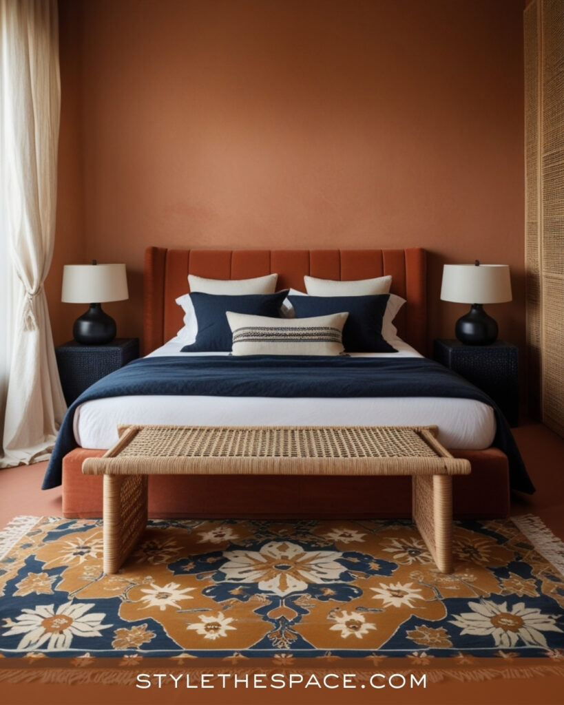 Terracotta and Navy Bedroom with Cozy Boho Style