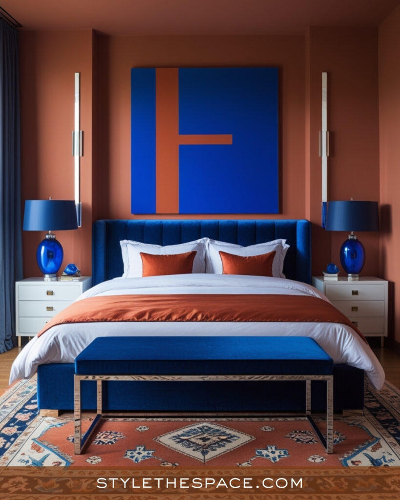 Terracotta and Royal Blue Bedroom with Bold Modern Style