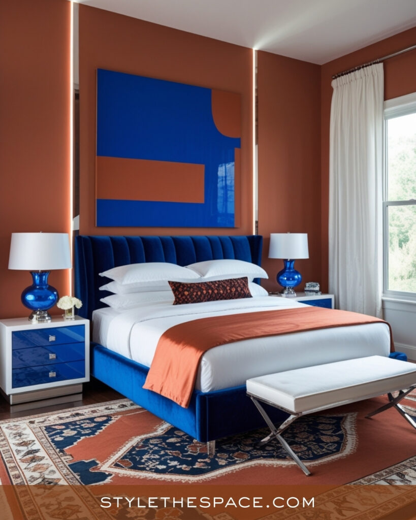 Terracotta and Royal Blue Bedroom with Bold Modern Style