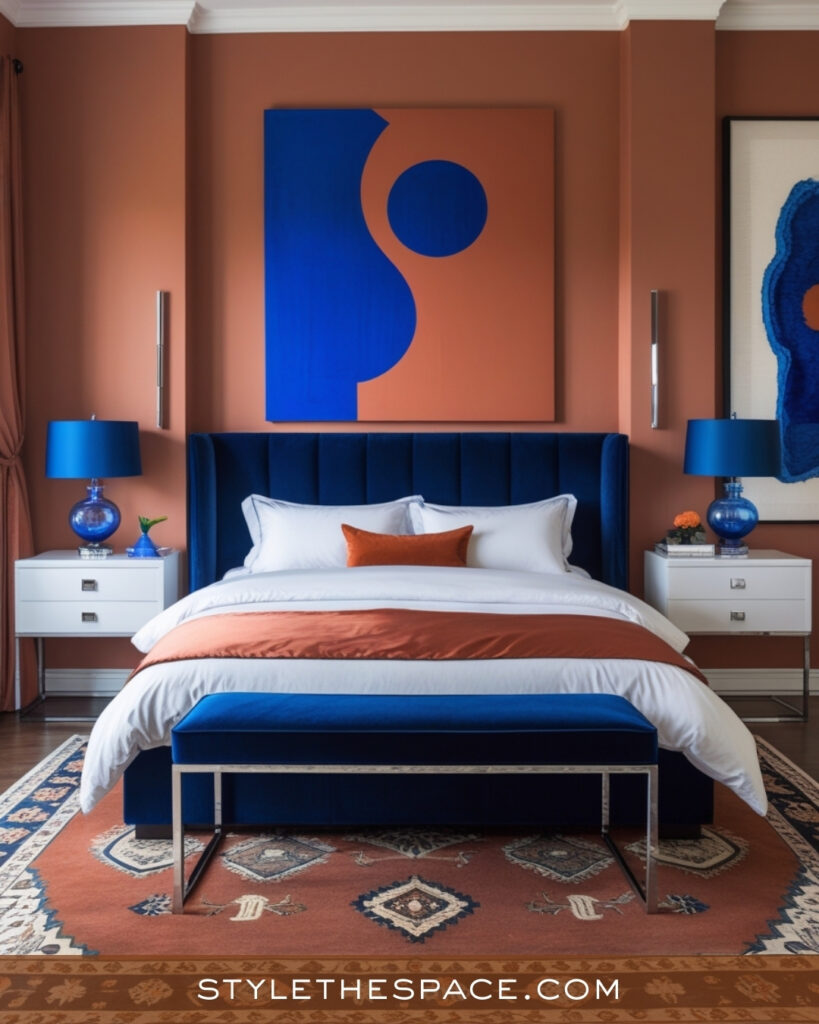 Terracotta and Royal Blue Bedroom with Bold Modern Style