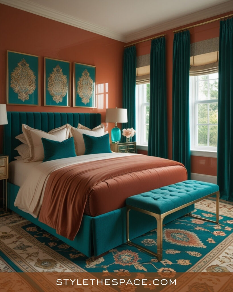 Terracotta and Teal Bedroom with Refined Glamour