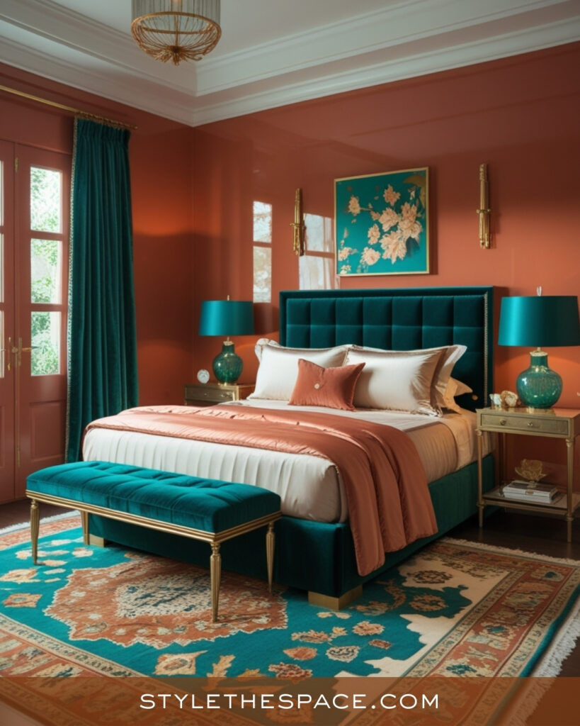 Terracotta and Teal Bedroom with Refined Glamour