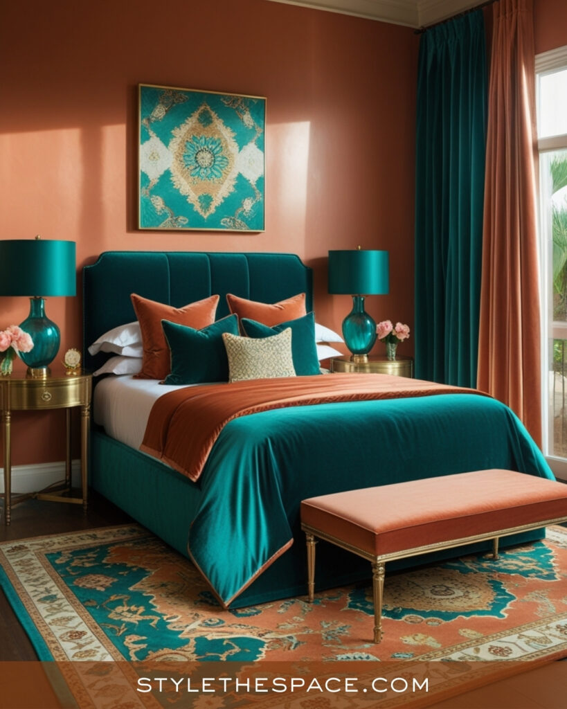 Terracotta and Teal Bedroom with Refined Glamour
