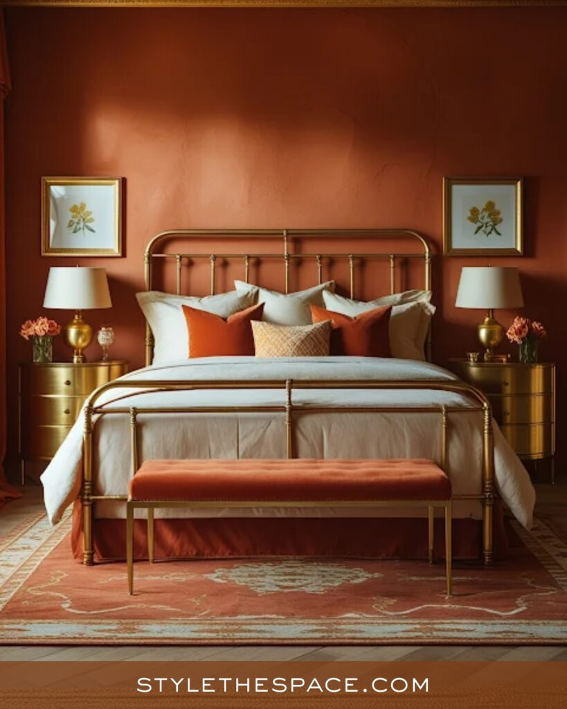 Warm Terracotta Bedroom with Classic Brass Details