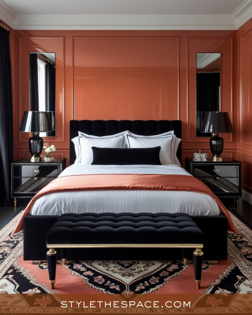 Elegant Terracotta Bedroom with Black and Brass Accents
