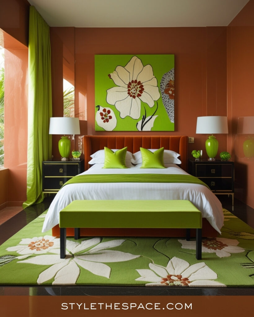 Terracotta Bedroom with Bold Green Accents