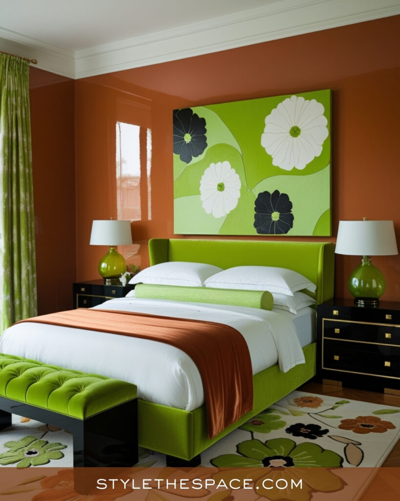 Terracotta Bedroom with Bold Green Accents