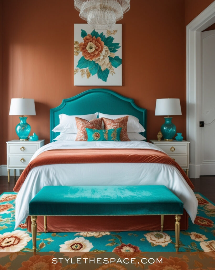 Terracotta Bedroom with Turquoise and Teal Accents